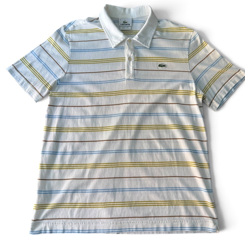 Lacoste Polo Shirt Men M 4 White Stripe Short Sleeve Classic Cotton Golf Croc